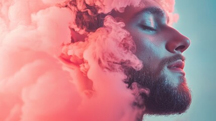Fototapeta premium Profile of a man surrounded by pink clouds of smoke