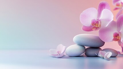 Pastel Gradient Backdrop Featuring Smooth Stones and Orchids Ideal for Beauty Clinic Promotions on Skin and Slimming Therapies