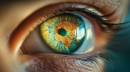 A close-up of a human eye reflecting a golden map of Africa, highlighting intricate details and vibrant colors, emphasizing unity and vision.