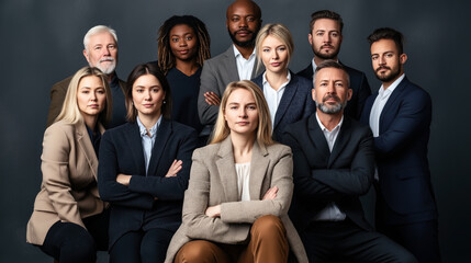 Diverse group of professionally dressed individuals posing confidently against a dark background, representing teamwork and leadership in a business environment.