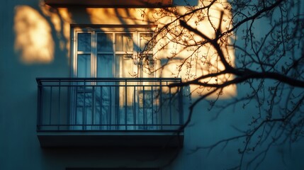 A 4K image showing the shadow of a tree on the wall of a building with a balcony, the sunlight casting a tranquil