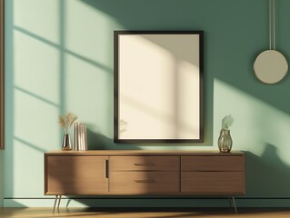 Modern living room interior with empty frame. Light green wall. Wooden sideboard with drawers. Contemporary design. Empty frame on wall. Sunlight. Empty space for poster artwork. Stylish furniture.
