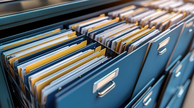 A close-up view of organized filing cabinets filled with colorful folders, showcasing a systematic approach to document storage.