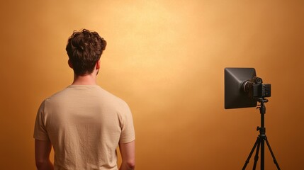 A person stands with their back to the camera, facing a golden backdrop, suggesting a photography or creative studio setting.