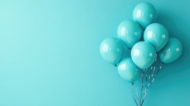 Vibrant blue balloons floating on a soft turquoise background, ideal for adding personalized text for a celebratory occasion.