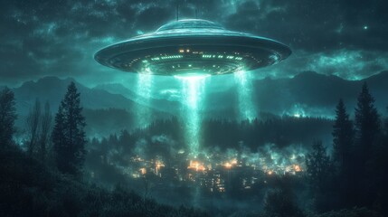 Alien Attack. Invasion of Flying Saucer UFO Causing Chaos and Destruction in the City