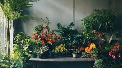 Vibrant indoor garden display featuring an array of exotic plants and colorful flowers on a modern table against a simple backdrop, emphasizing lush greenery.