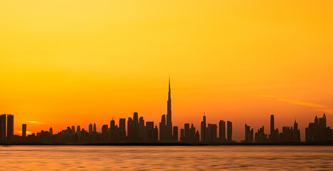 Aerial view of modern Dubai skyline at sunset, United Arab Emirates, Panoramic Dubai skyline
