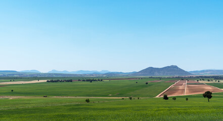 The vast plains of La Mancha in Spain stretch endlessly under a clear blue sky. Fields of green and brown patchwork the landscape, with a distinct hill.