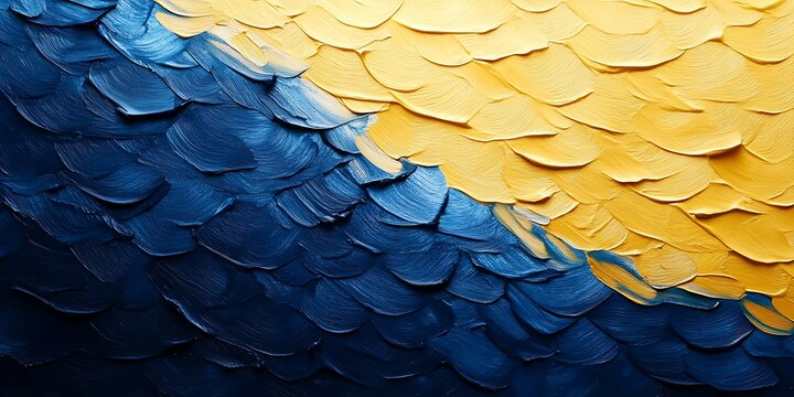 Abstract painting with blue and yellow palette knife texture.