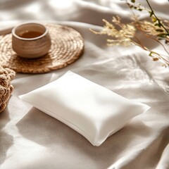 professional product photography of a white rectangle collagen pouch in Japanese style 