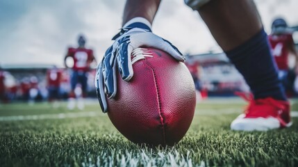 American Football Kick. Game Start with Close-up Shot of Ball on Grass Field by Professional Player