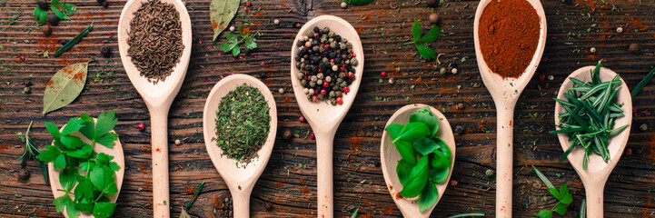 Various spices on wooden spoons