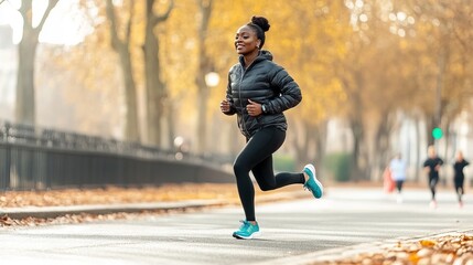 Obraz premium African female adult jogging in autumn park