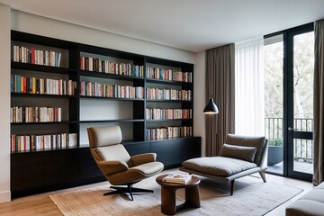 Modern Living Room Design with Minimalist Bookcase and Lounge Chair for a Cozy Reading Nook