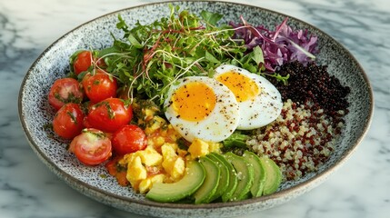 Colorful quinoa salad with cherry tomatoes, mixed greens, avocado, boiled eggs, and microgreens on a marble surface, highlighting a nutritious and wholesome meal.