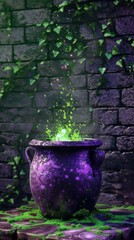 Obraz premium A purple cauldron sits on stone tiles, emitting glowing green sparks in a magical and mystical atmosphere. The scene hints at witchcraft or fantasy with creeping vines and old brick walls adding to