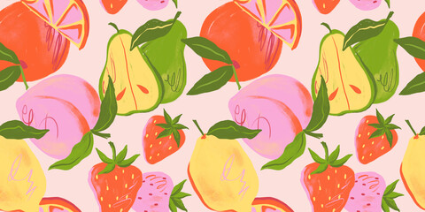 Seamless pattern of vibrant fruit illustrations featuring strawberries, lemons, peaches, oranges, and pears. Fun, colorful design with summer vibes