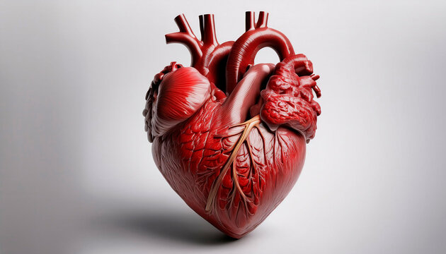 Miniature anatomical copy of a human heart isolated on white background. Teaching with anatomical models of internal organs
