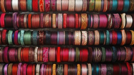 Rows of colorful silk fabric coils with intricate Indian designs, reflecting the vibrancy and heritage of the textile industry