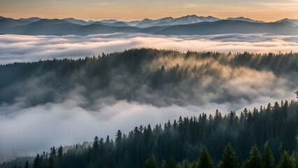 Fototapeta premium Sunrise over the carpathian mountains in romania with fog rolling through pine forests, Ai Generated