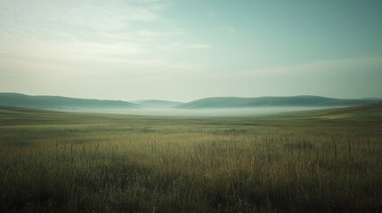 Fototapeta premium Serene Misty Meadow Rolling Hills Landscape