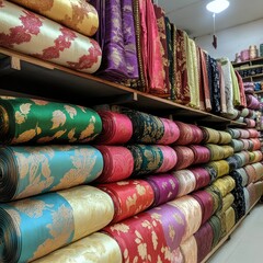 Silk Fabric Rolls in Indian Textile Shop