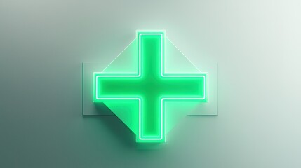 Obraz premium A glowing green cross symbol, often associated with health, medicine, or emergency services, set against a minimalist background.
