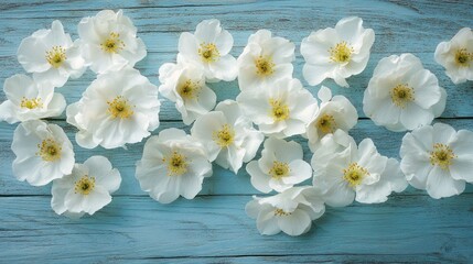 Obraz premium White Flowers with Yellow Centers Spread Across a Textured Blue Wooden Surface