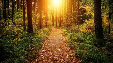 Fototapeta premium Golden Hour Path: A picturesque path winds through a lush forest, bathed in the warm glow of the setting sun. The golden light creates a sense of peace and tranquility.