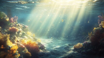 Fototapeta premium Underwater scene showcasing vibrant coral reef illuminated by sunlight beams filtering through clear ocean water, creating an ethereal marine atmosphere