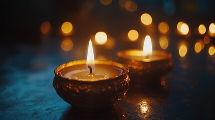 Illuminated traditional diya lamps casting a warm glow on a table, creating a festive atmosphere for a celebration of lights with a soft blurred background.