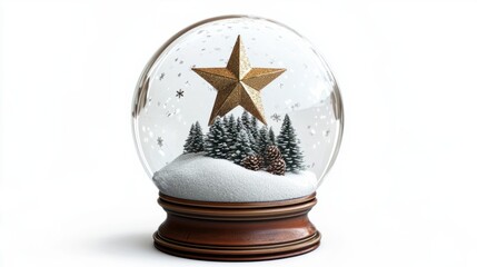 Elegant snow globe showcasing a Christmas star atop a snowy mountain, isolated on white