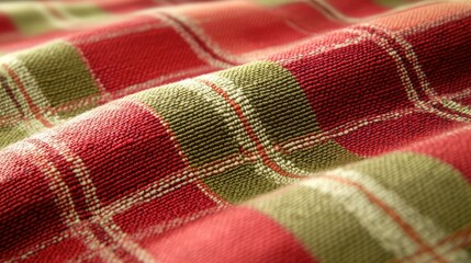 Vibrant red and green plaid fabric with a seamless woven texture, perfect for cozy holiday crafting and rustic designs
