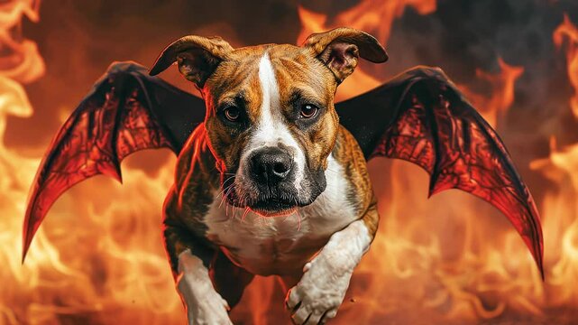 A fierce dog with devilish wings stands amidst flames