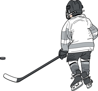 HOCKEY Kid, Child, Minor (Youth) Hockey Mite PLAYER back, skater figure from behind, shape, silhouette, line drawing illustration