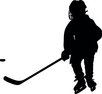 HOCKEY Kid, Child, Minor (Youth) Hockey Mite PLAYER back, skater figure from behind, shape, black silhouette, line drawing illustration