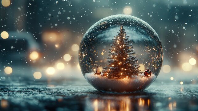 A 4K photo of a stunning Christmas glass ball, featuring a pine tree inside, adorned with festive lights and ornaments,