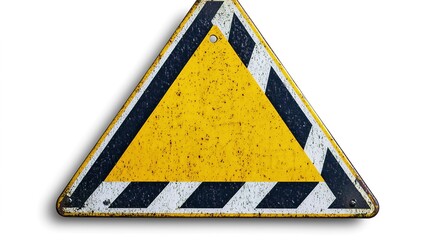 A worn yellow triangular warning sign with black and white stripes indicating caution or danger.