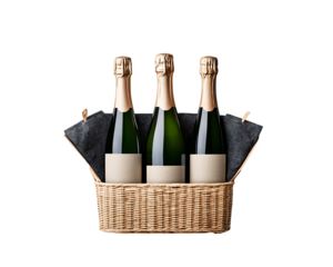 a group of bottles in a basket