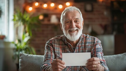 Senior man smiling joyfully as he receives a retirement payment check in a cozy living room, celebrating financial security and peaceful home life.