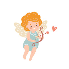 Cute little boy angel cupid with bow and arrow, flat style vector illustration