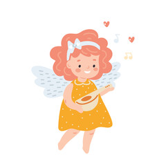 Cute little girl with angel wings playing musical instrument, flat style vector illustration