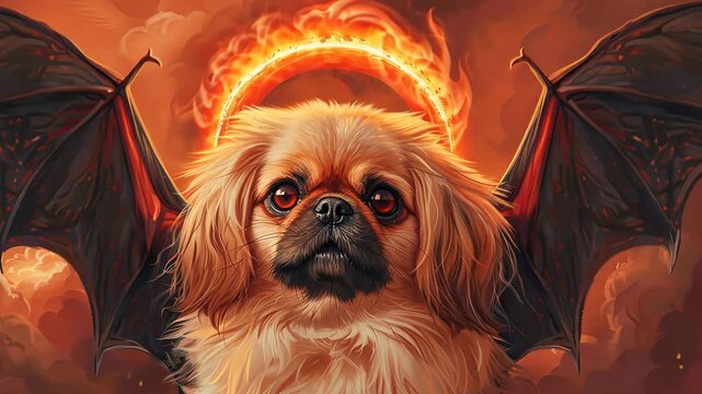 A mystical dog with devilish wings and a glowing halo