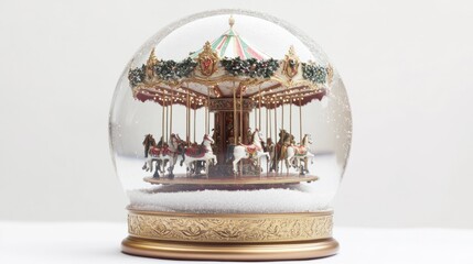 Fototapeta premium Elegant snow globe with a vintage-style Christmas carousel inside, on a clean white background