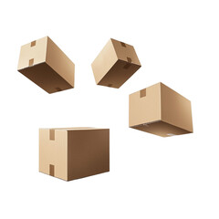 Flying Cardboard Boxes Isolated on Transparent Background, Realistic Floating Packaging Boxes in Motion, Ideal for Shipping, Delivery, and E-commerce Concepts, Generative AI