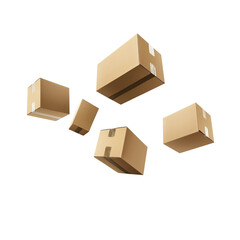 Fototapeta premium Flying Cardboard Boxes Isolated on Transparent Background, Realistic Floating Packaging Boxes in Motion, Ideal for Shipping, Delivery, and E-commerce Concepts, Generative AI