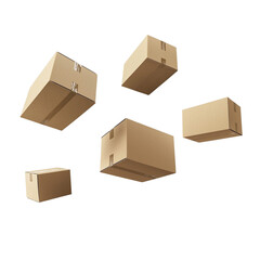 Flying Cardboard Boxes Isolated on Transparent Background, Realistic Floating Packaging Boxes in Motion, Ideal for Shipping, Delivery, and E-commerce Concepts, Generative AI