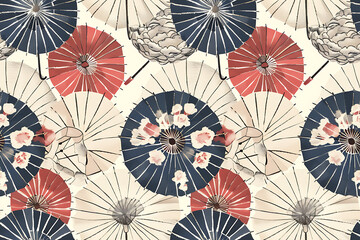 Seamless Pattern Featuring Traditional Japanese Umbrellas (Wagasa) in Elegant Design with Floral Accents and Geometric Arrangement for Textiles and Decor