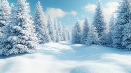 A serene winter landscape with snow-covered trees and a clear blue sky.